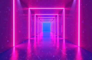 Glowing neon lines, tunnel, led arcade, stage. Abstract technology background, virtual reality. Pink blue purple corridor neon square arch, perspective. Ultraviolet bright glow.