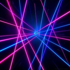 A colorful, neon light display with pink, blue, and purple lines. The image has a futuristic, energetic vibe