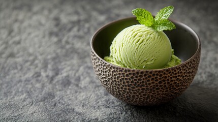 Serving of Japanese matcha ice cream scooped into small bowl garnished sprig of mint