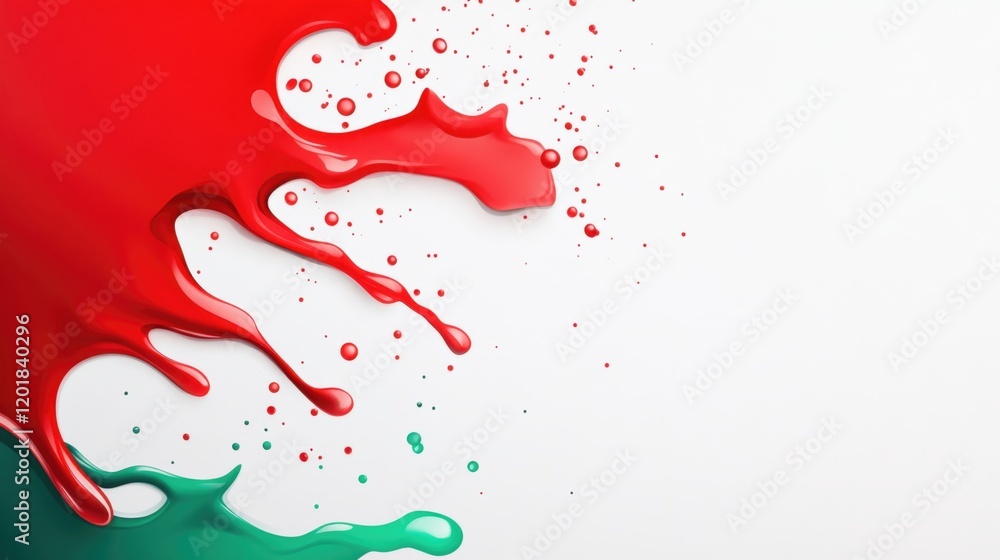 Poster a vibrant splash of red and green paint on a white background, creating a dynamic and artistic visua