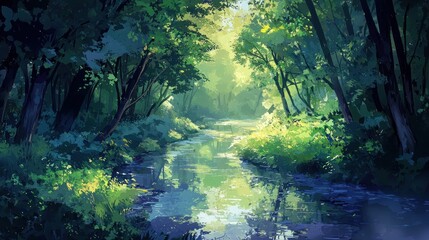 Sunlit stream flowing through a lush green forest. (1)