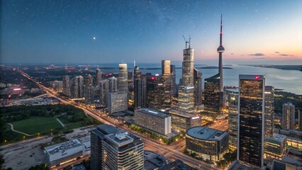 Aerial view of downtown Toronto, Canada, with modern skyscrapers at night. Wide-angle lens, natural lighting.