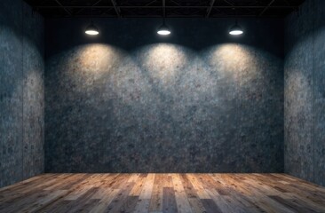 industrial grunge background with lighting ceiling lights, dark room with walls of concrete slabs and wooden floor 