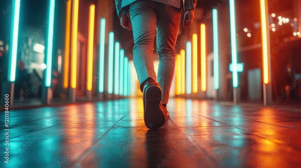Aufkleber a man strolls confidently through a vibrant hallway, illuminated by an array of neon lights in hues 