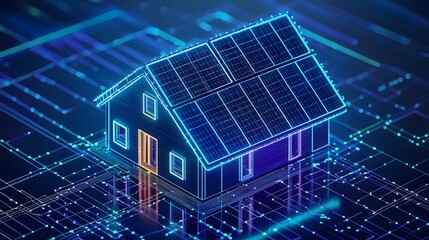 Futuristic Glowing House Design with Solar Panels and Electric Connections Vibrant Neon Lights Sustainable Modern Energy Concept