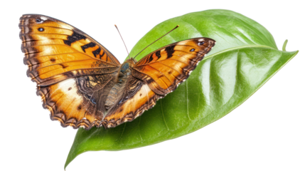 A vibrant orange butterfly perched on a lush green leaf, showcasing the beauty of nature and the delicate balance of ecosystems.