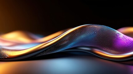 Abstract wavy metallic surface with glowing neon highlights and dotted texture in golden and purple tones