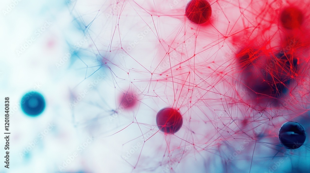 Poster abstract image featuring interconnected spheres and lines in vibrant red and blue hues, evoking a se