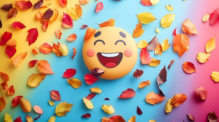 Cheerful emoji tossing colorful leaves isolated on a colorful background