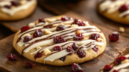 Cookies topped with white chocolate and dried cranberries on a rustic table