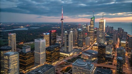 Aerial view of downtown Toronto, Canada, with modern skyscrapers at night. Wide-angle lens, natural lighting.