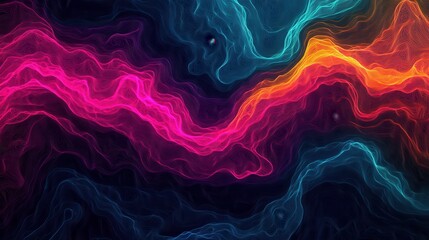 Abstract vibrant neon contour lines forming colorful wave patterns in pink, blue, and yellow on a dark background