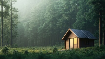 A serene wooden cabin nestled in a foggy forest, surrounded by lush trees, creating a tranquil and peaceful atmosphere.