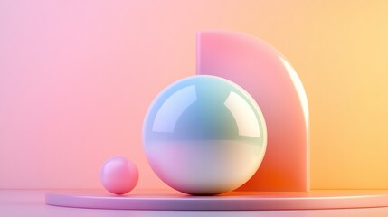 Minimalist abstract geometric composition with glossy spheres and pastel gradients on a soft pink and orange background