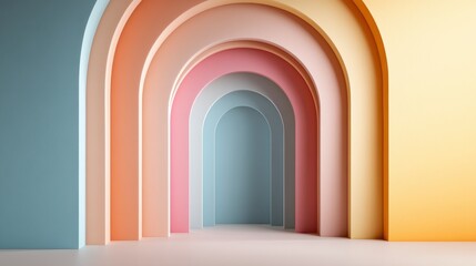 Colorful pastel archways with layered geometric shapes in soft hues of blue, pink, and orange