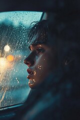 A dynamic shot of a teenager crying in a car, rain falling outside the window