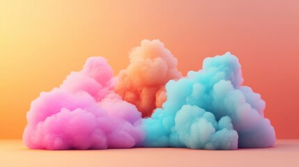Colorful cloud clusters in pastel pink, orange, and blue tones with soft lighting on a warm gradient background