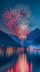 Fireworks Over Reflective Lake in Mountain Landscape at Dusk Evening Celebration