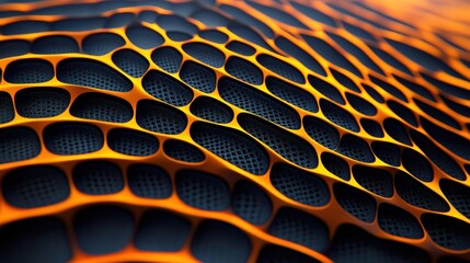 Closeup of orange lattice mesh structure over dark textured surface creating a futuristic and dynamic abstract pattern