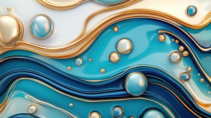 Abstract fluid design with turquoise and gold waves, featuring metallic bubbles and elegant texture on a contemporary background