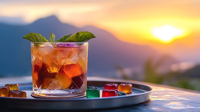 Colorful gummies scattered around a tropical cocktail placed on a silver tray with a mountain sunset view