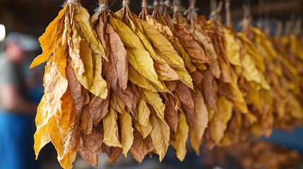 Dried tobacco leaves hanging in barn. (1)