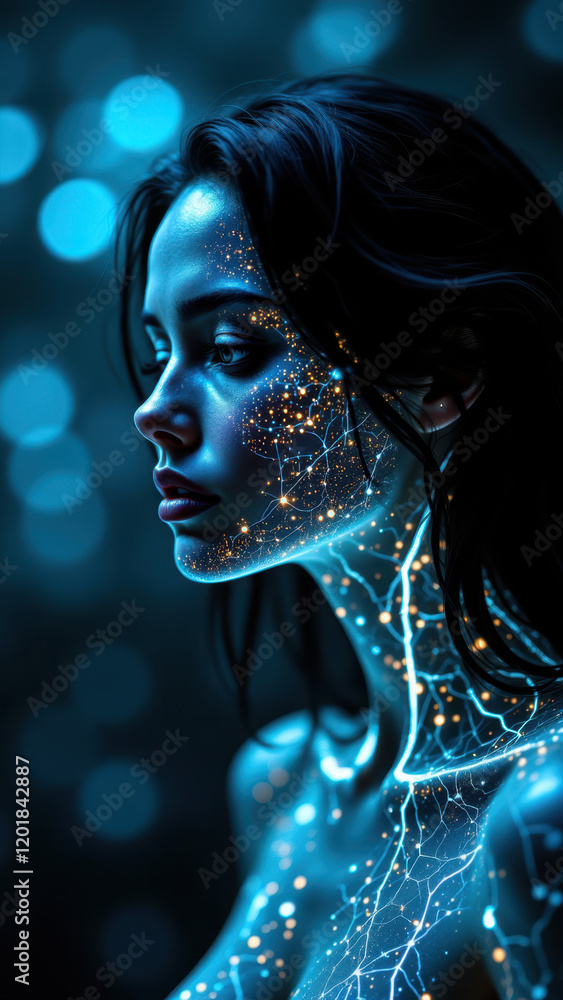 Poster a mesmerizing digital artwork featuring an ai-inspired humanoid figure with celestial patterns and a