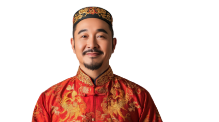 A smiling man dressed in traditional red attire, showcasing cultural heritage and vibrant design elements, embodying pride and joy in his identity.