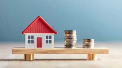 A small model house sits on a wooden plank beside stacks of coins, symbolizing the relationship between real estate and finance.