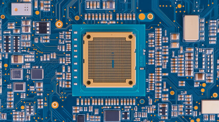 High resolution close up of printed circuit board featuring integrated circuit, showcasing various electronic components and connections