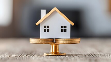 A miniature house model balanced on coins, symbolizing real estate investment and financial growth.