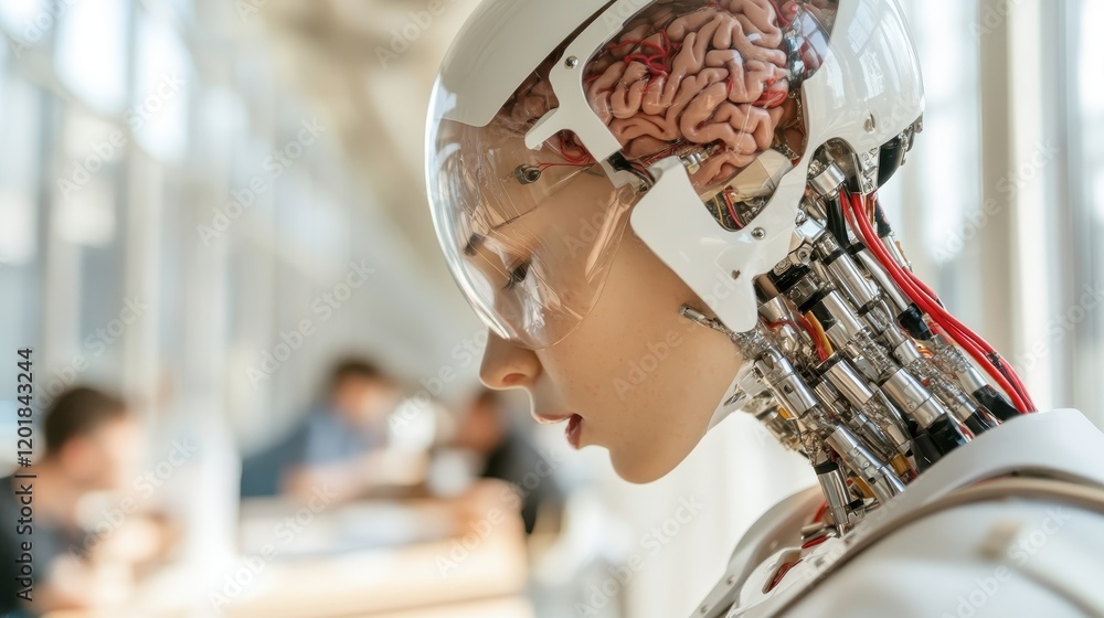 Poster side profile of a lifelike cyborg showcasing intricate mechanical and brain components, embodying in