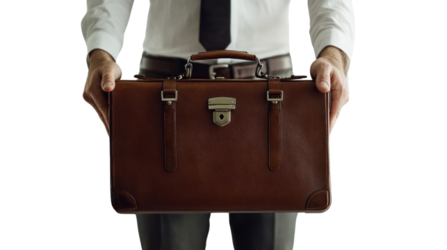 A professional individual holding a vintage leather briefcase, dressed in a formal attire, symbolizing career and corporate success.