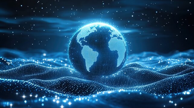 Glowing digital earth on wave background.