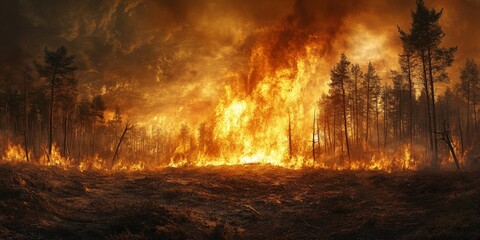 A dramatic image of a rainforest on fire, symbolizing environmental destruction. Ideal for climate awareness projects.