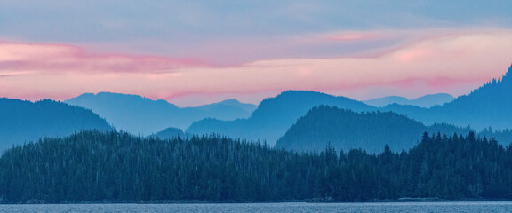 Hazy mountains along the coast of Alaska's Inside Passage.