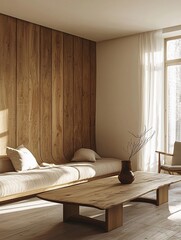 Minimalist, modern Scandinavian interior design in the living room with wood-finished walls and a sofa and table. Generative AI
