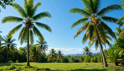 Obraz premium Palm trees under a clear blue sky in a tropical landscape with copy space