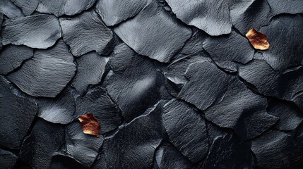 A close-up view of a textured black slate surface featuring natural stone layers and a couple of decorative leaves. Simple and elegant.
