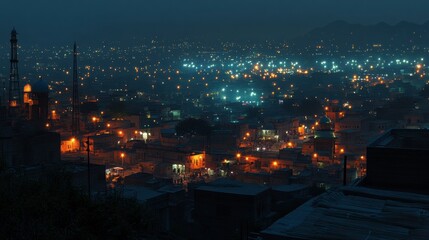 Obraz premium A scenic overlook of a city with mosques lit up for Ramadan