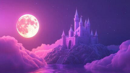 Naklejka premium 3D realistic isolated fantasy banner with castle on moonlit background