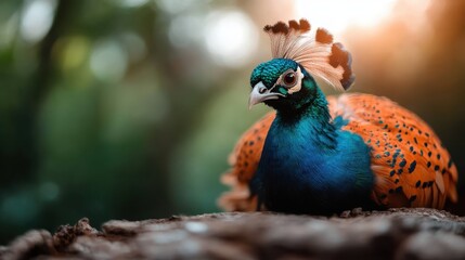 Obraz premium A majestic peacock displays its vibrant orange and blue plumage, standing gracefully among blurred greenery and radiating with elegant beauty in the sunlight.