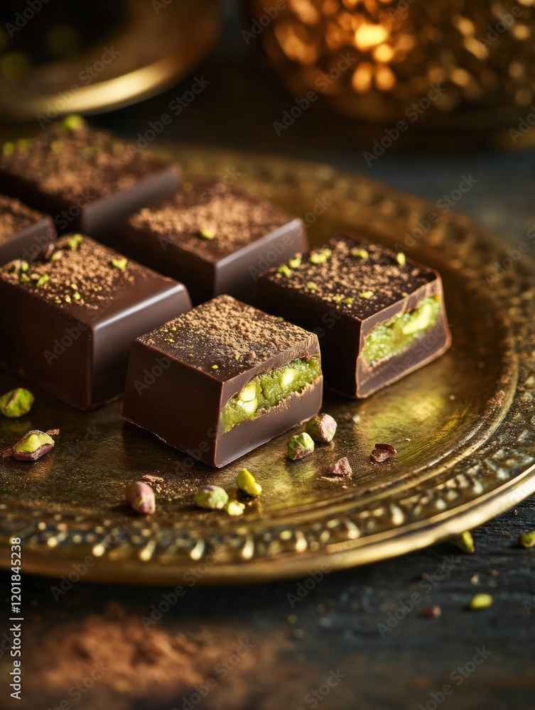 Poster delicious chocolate squares with pistachio filling on an ornate golden plate surrounded by intricate