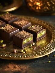 Delicious chocolate squares with pistachio filling on an ornate golden plate surrounded by intricate Arabic patterns. Generative AI