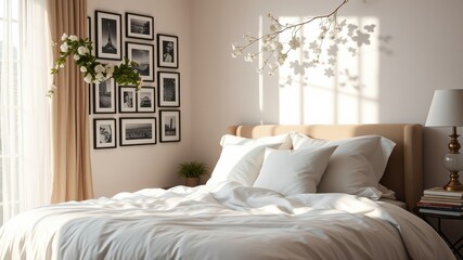 Soft Sunlight Illuminates A Crisp White Bed in a Cozy Bedroom with a Gallery Wall and a Plant on the Nightstand