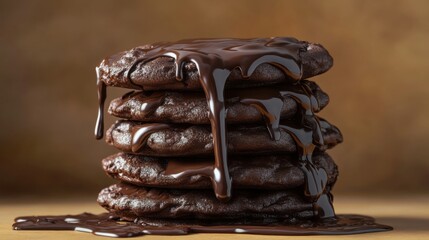 Obraz premium A stack of chewy chocolate cookies with melted chocolate dripping down the sides