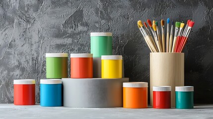 Obraz premium Vibrant Setting with Paintbrushes and Colorful Paint Containers on Textured Gray Background