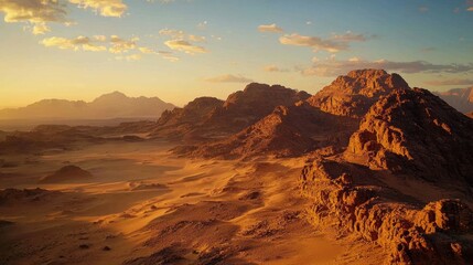Golden sunset over desert mountain range.