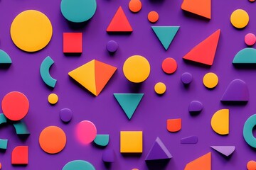 3d composition of circles, squares, and triangles in bright colors on a purple background