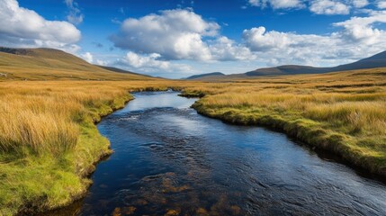 Scenic river flowing through a grassy field with mountains under a blue sky